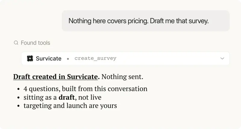 Survicate MCP creating a four-question pricing survey as a draft, with nothing sent to respondents