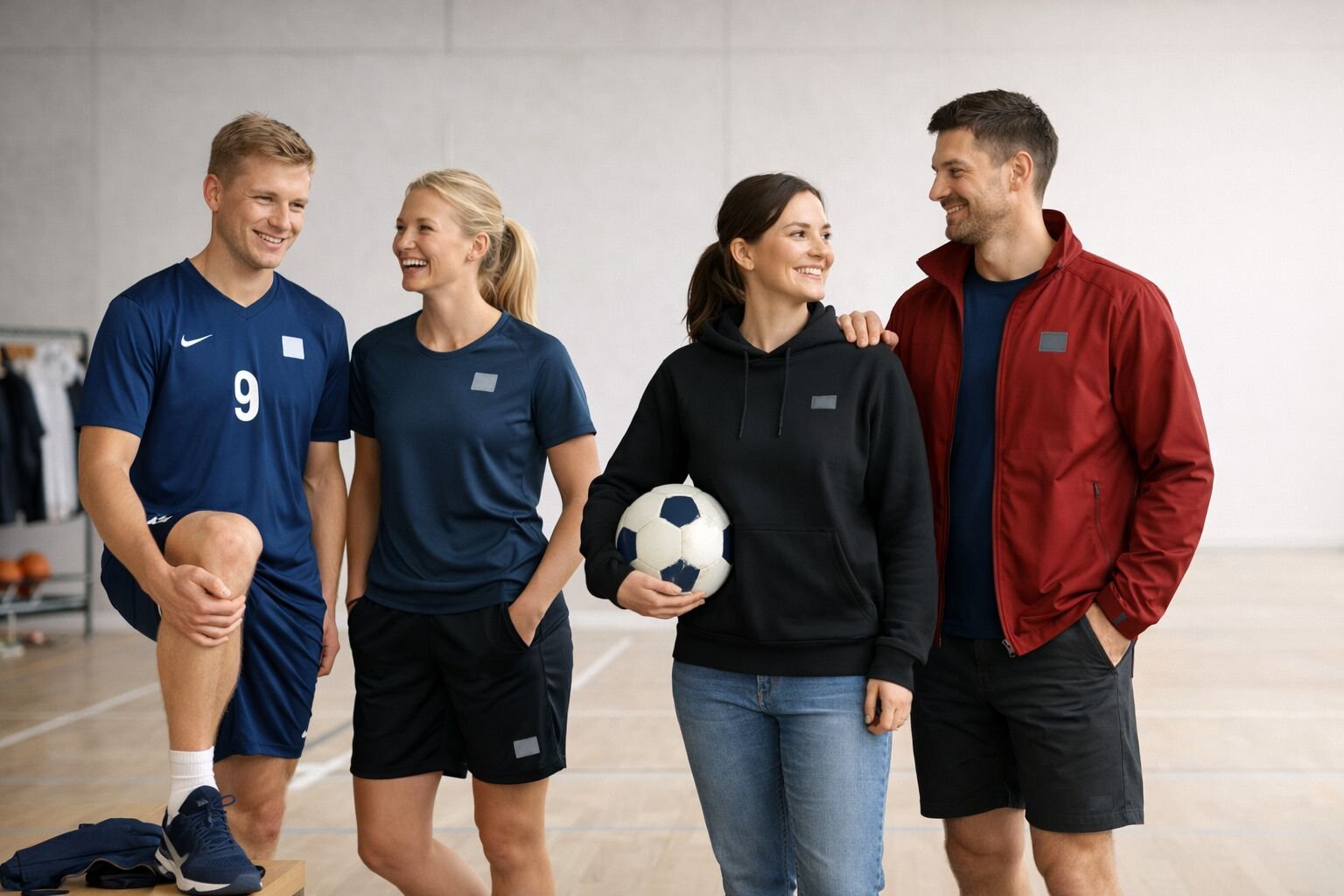Neljä aikuista esittelee peliasuja omalla painatuksella sisähallissa: pelipaidat, shortsit, huppari ja joukkueasu seurakäyttöön.