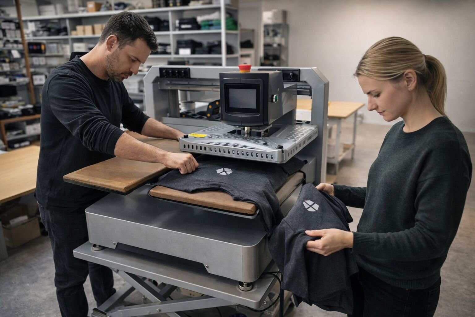 Kaksi henkilöä viimeistelee DTF-painatuksella toteutettuja vaatteita lämpöprässillä tuotantotilassa Printtivaatteen showroom-ympäristössä.