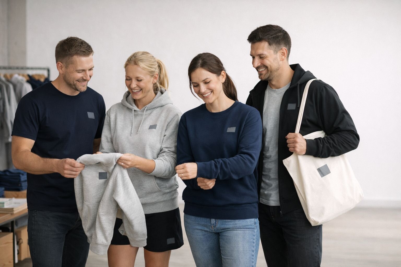 Neljä aikuista esittelee fanituotteita omalla painatuksella: t-paita, huppari, collegepaita ja kangaskassi seurakäyttöön ja fanimyyntiin.