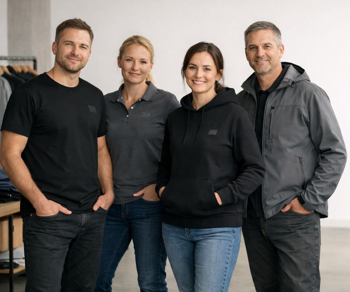 Neljä aikuista mallintaa työvaatteita omalla painatuksella: t-paita, pikeepaita, huppari ja kevyt takki yrityskäyttöön.