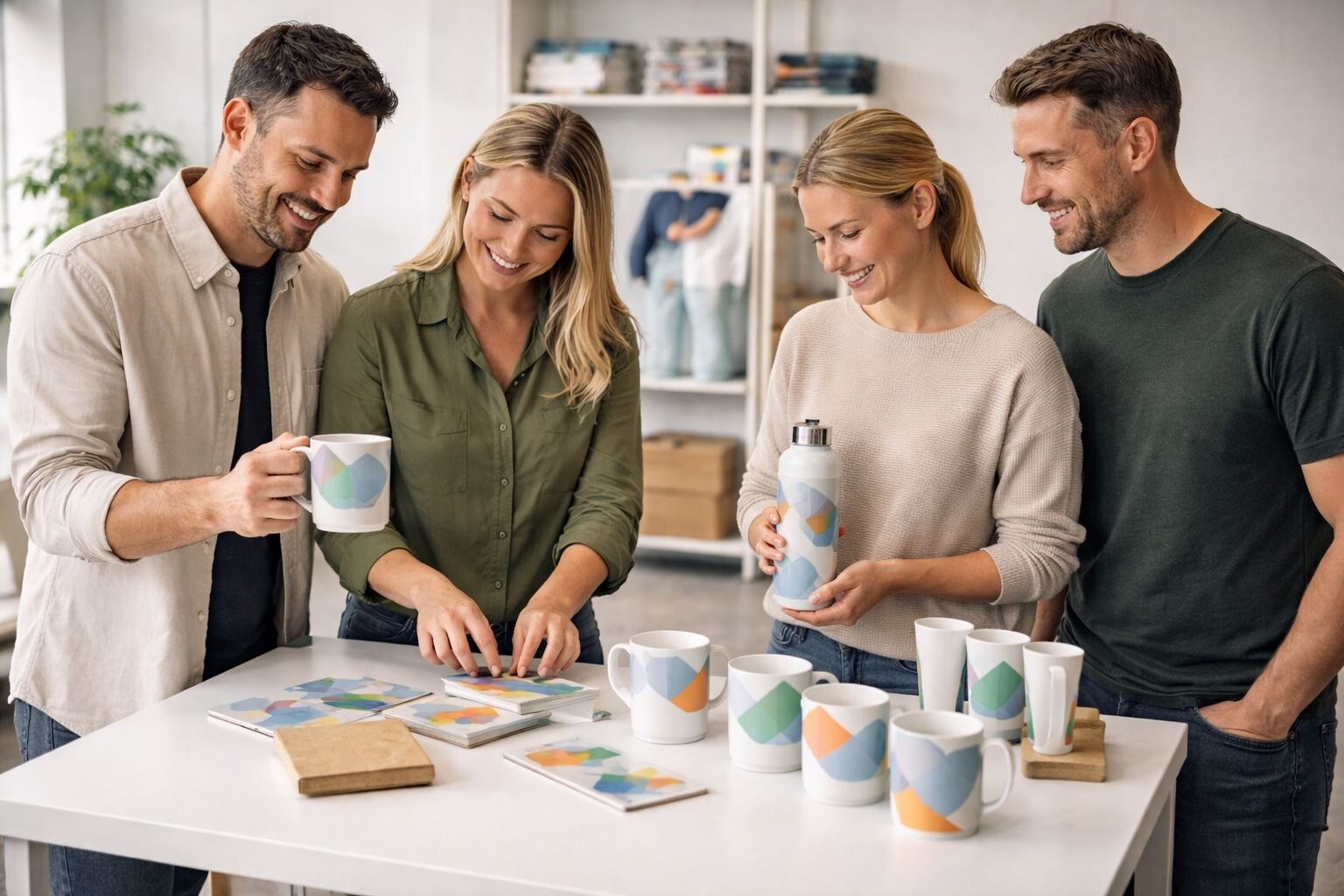 Neljä aikuista tutustuu sublimaatio painatuksella toteutettuihin mukeihin ja juomapulloon showroom-ympäristössä Printtivaatteella.