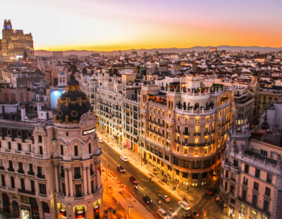 Aerial view of central Barcelona in the early evening