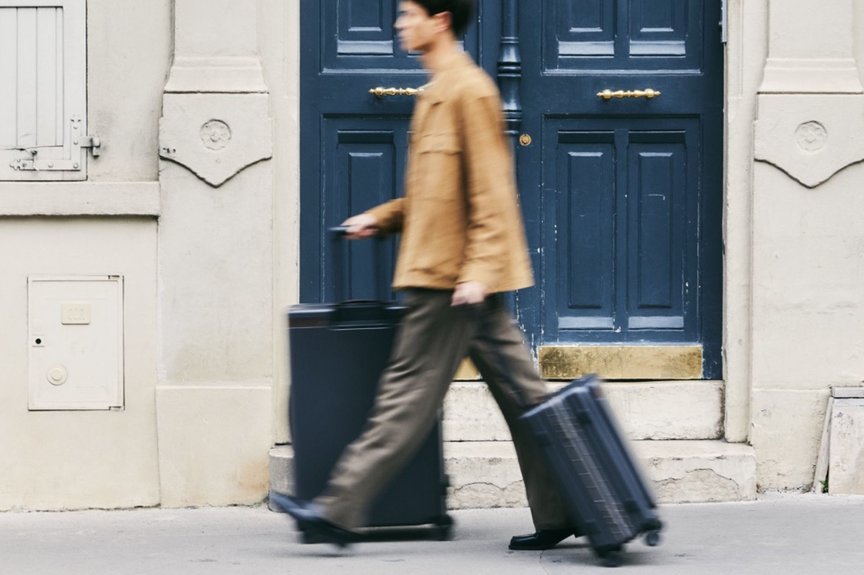 Blurred motion image of a man walking down Parisian street holding two suitcases