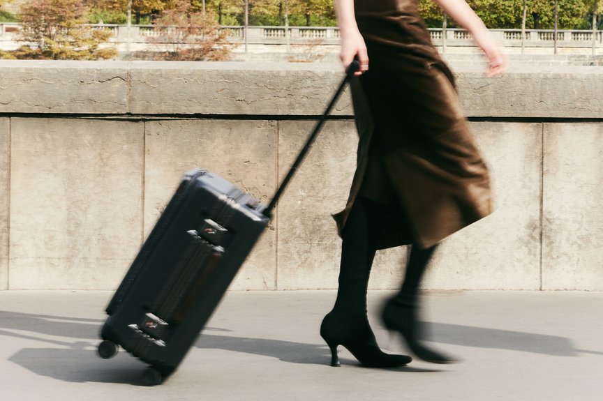 Women walking with stylish Carl Friedrik suitcase behind her