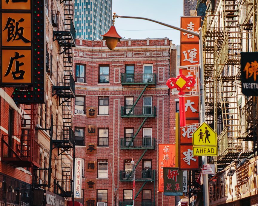 Urban shot of a busy city with colourful advertising 