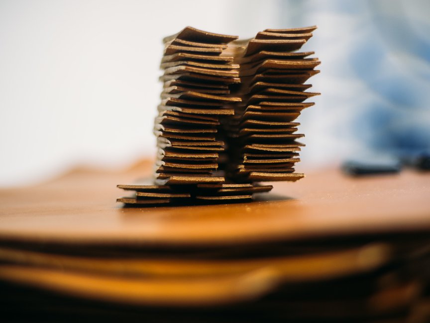 Stacked cutoffs of full-grain vegetable-tanned leather.