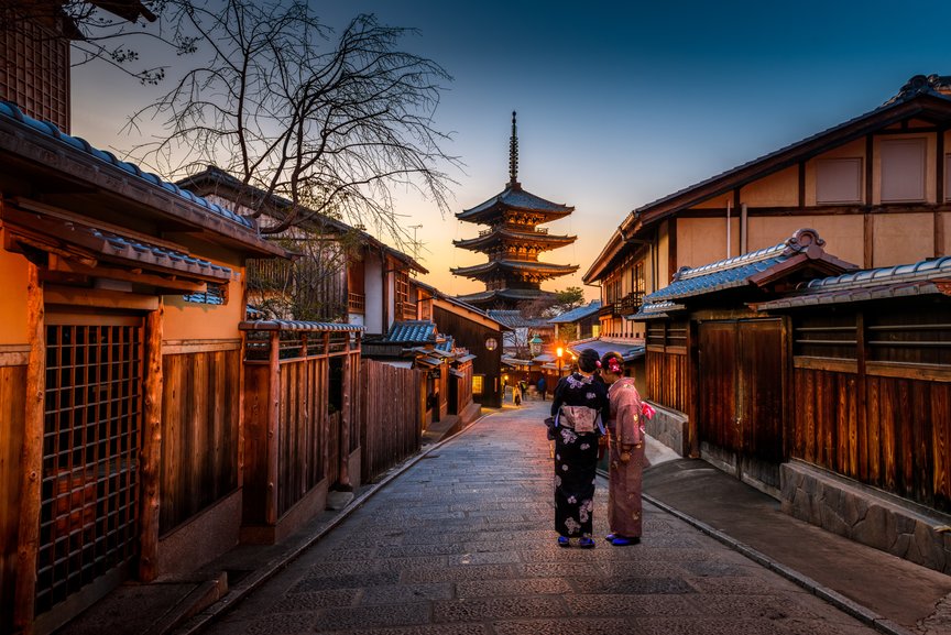Streetview with wooden ornate buildings and pagoda in the background