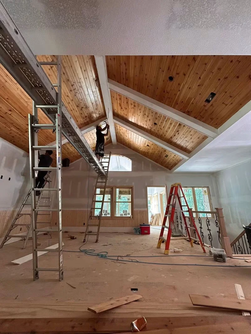 Cathedral ceiling finished with wood paneling