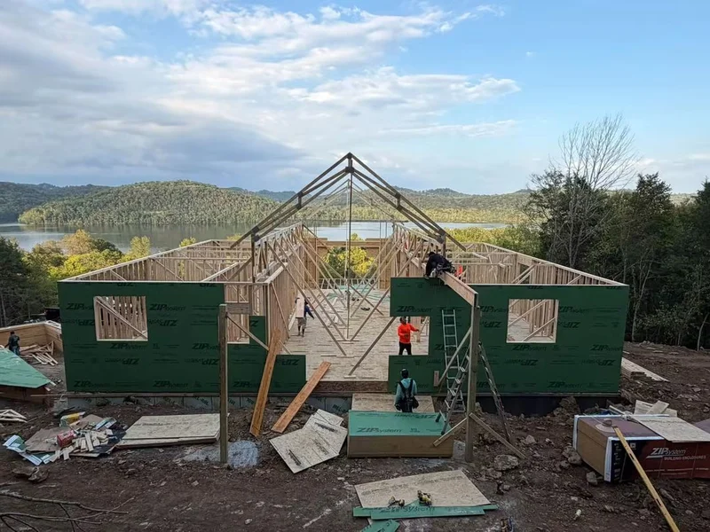 Timber roof framing on a lake-view home