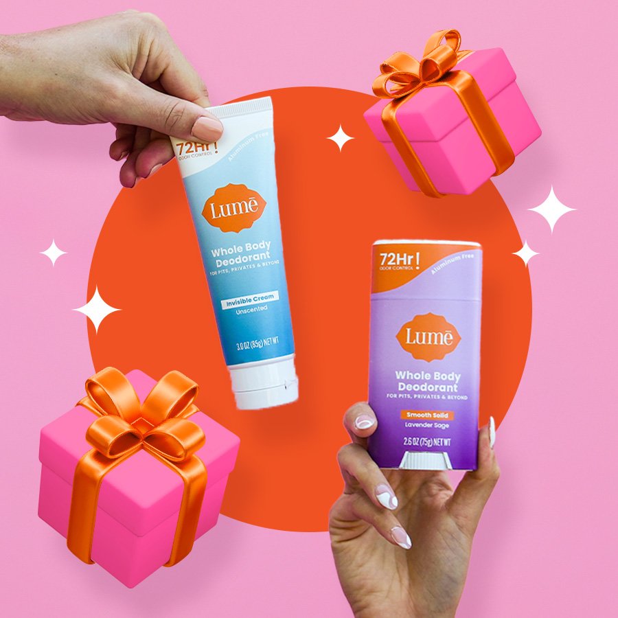 Lume Solid Stick Deodorant, Cream Tube Deodorant and two gift boxes on a pink and orange background with sparkling stars