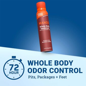 Hand spraying Mando Spray Deodorant, with a badge that says "Clinically proven 72 hour odor control"