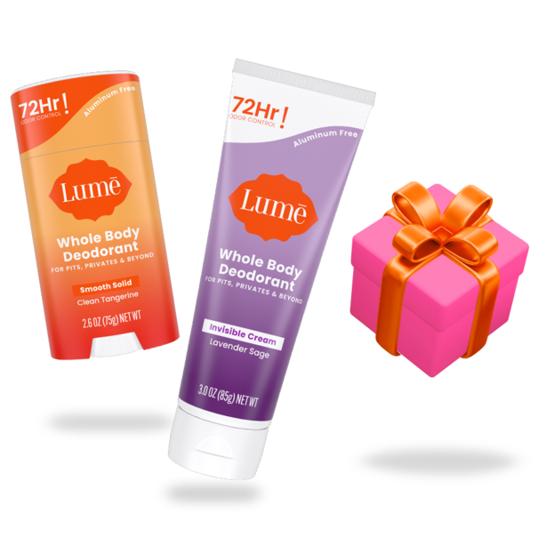 Lume Solid Stick Deodorant, Cream Tube Deodorant and two gift boxes