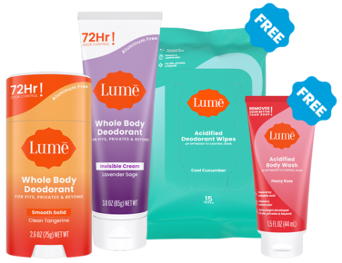 Lume Solid Stick Deodorant, Cream Tube Deodorant and two gift boxes