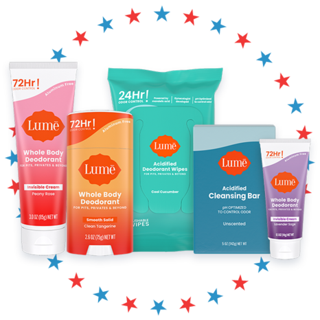 Lume Deodorant, wipes, cleansing bar, and mini deo