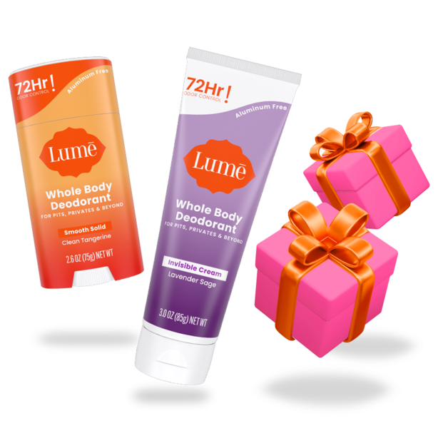 Lume Solid Stick Deodorant, Cream Tube Deodorant and two gift boxes