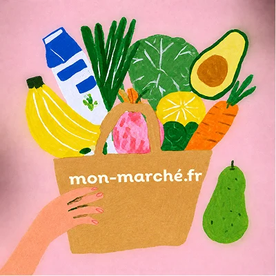 Sac de courses mon-marché.fr rempli de fruits et légumes