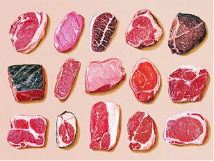 Les différentes pièces de boucherie, parées et prêtes à cuire