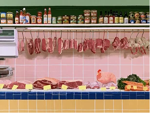 Le comptoir d'une boucherie et ses pièces préparées