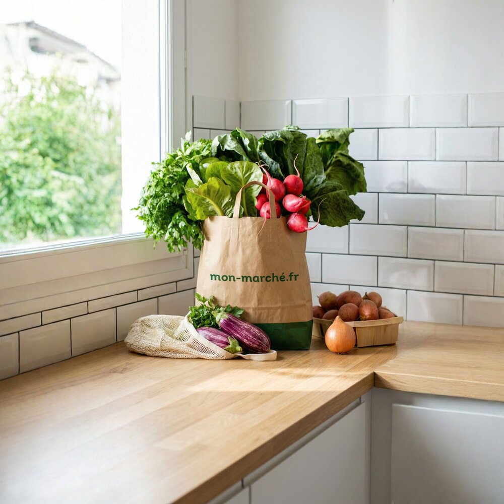 Sac de courses Mon Marché posé sur un plan de travail de cuisine, garni de blettes, radis, aubergines, pommes de terre et oignons