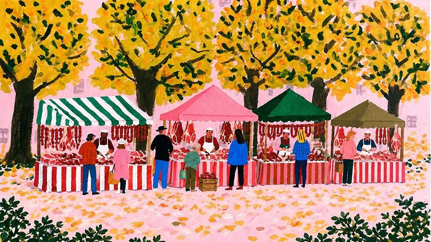 Illustration d'un marché et de ses étals