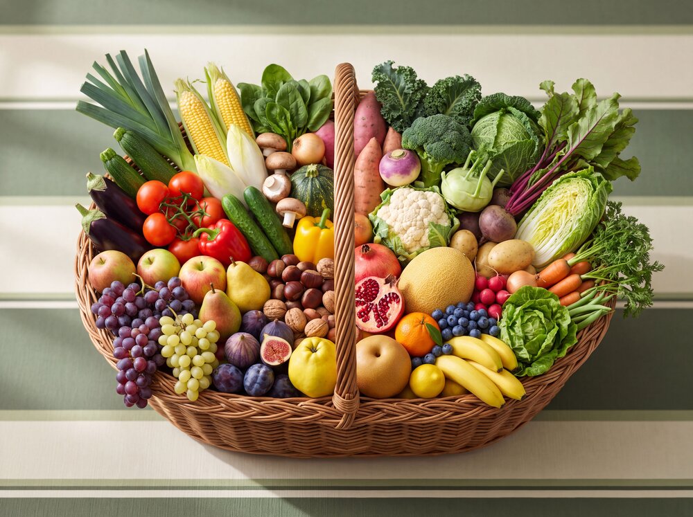 Panier d'osier garni de légumes et de fruits d'automne : poireau, kale, chou, patate douce, betterave, champignons, raisin, figues et poires