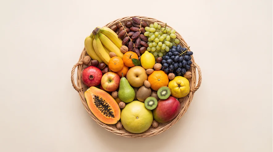 Panier de fruits d'automne, pommes, poires, raisin et grenade