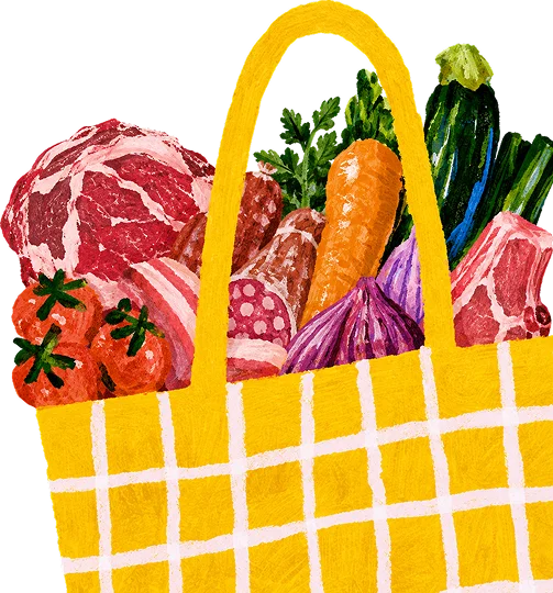 Un panier garni de pièces de boucherie et de légumes frais