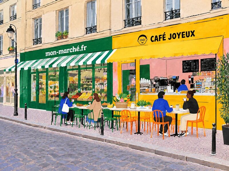 Les devantures mon-marché.fr et Café Joyeux dans une rue parisienne