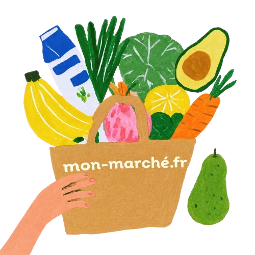 Un sac de courses mon-marché.fr rempli de fruits, de légumes et de produits frais