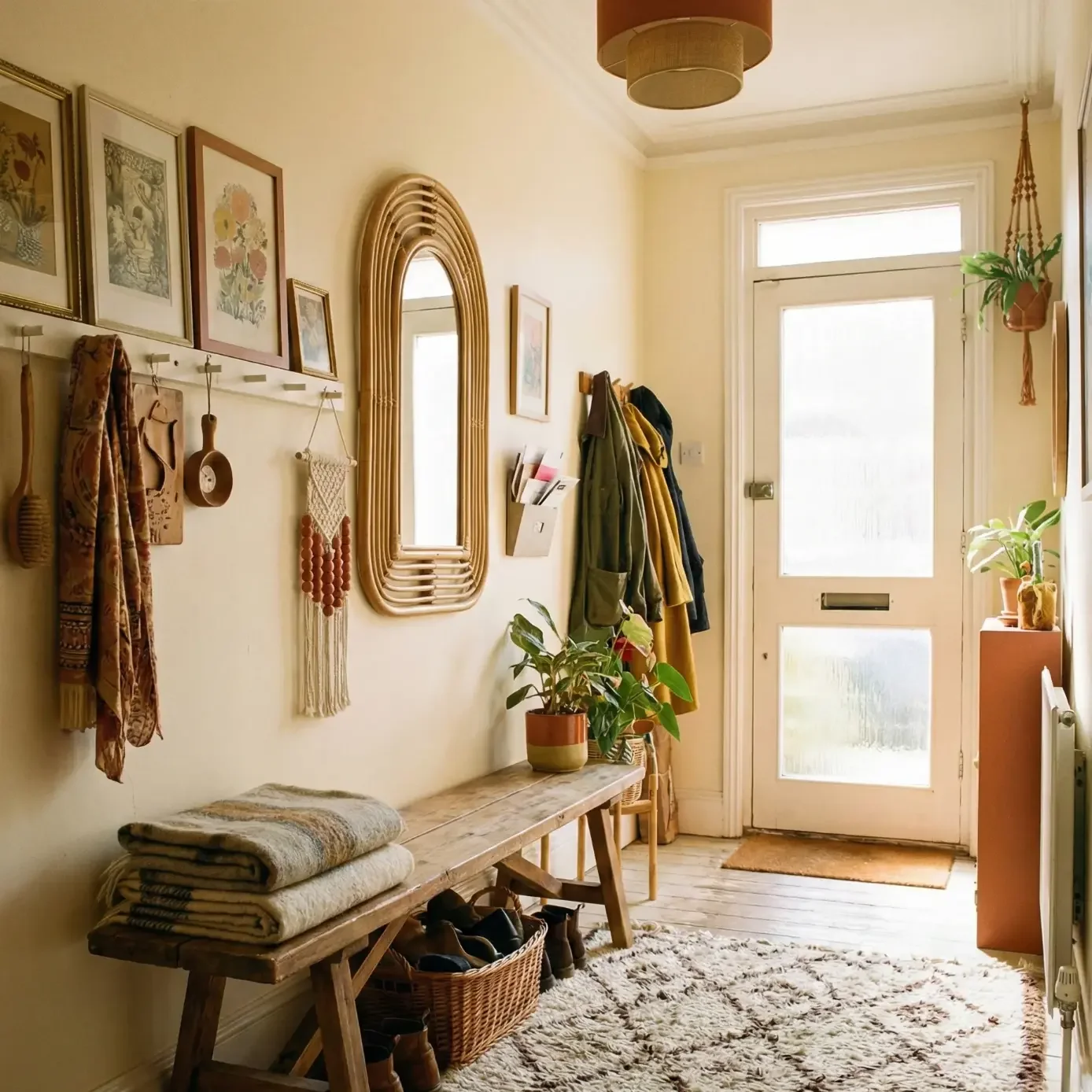 Warm hallway with wall art, plants, and rustic wooden bench