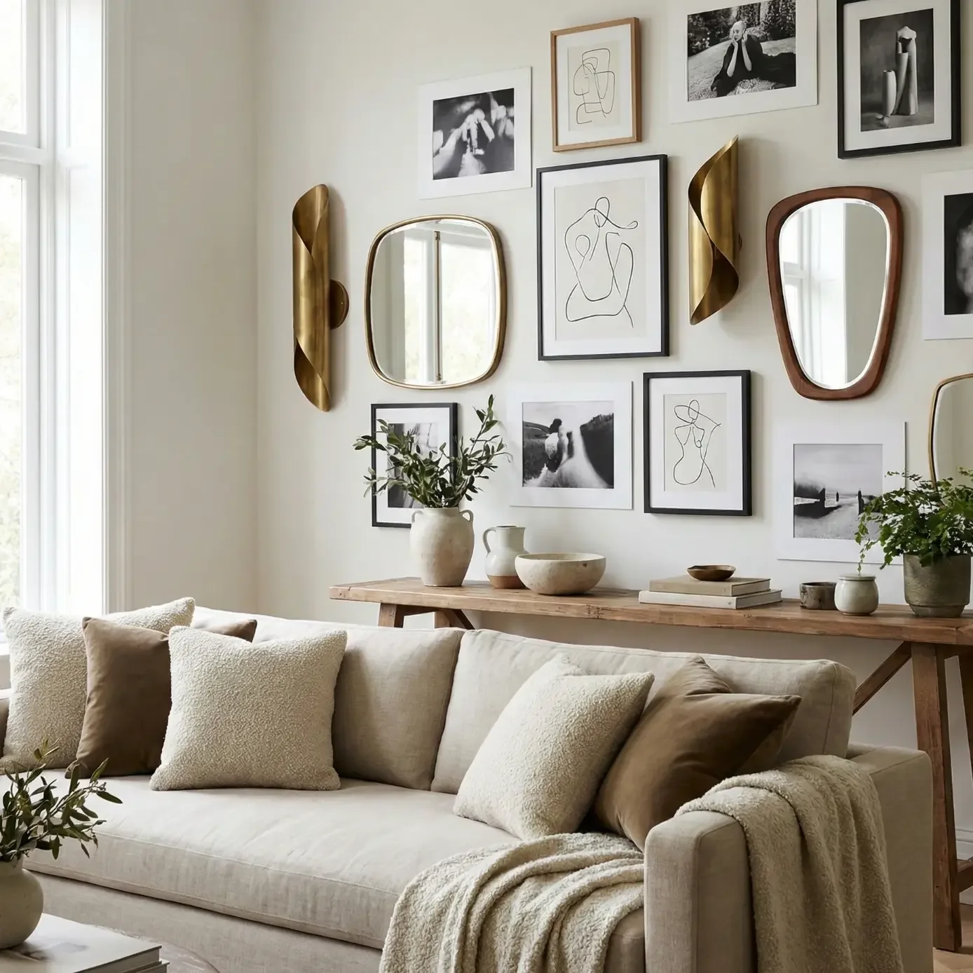 Neutral sofa with throw and modern gallery wall with mirrors.