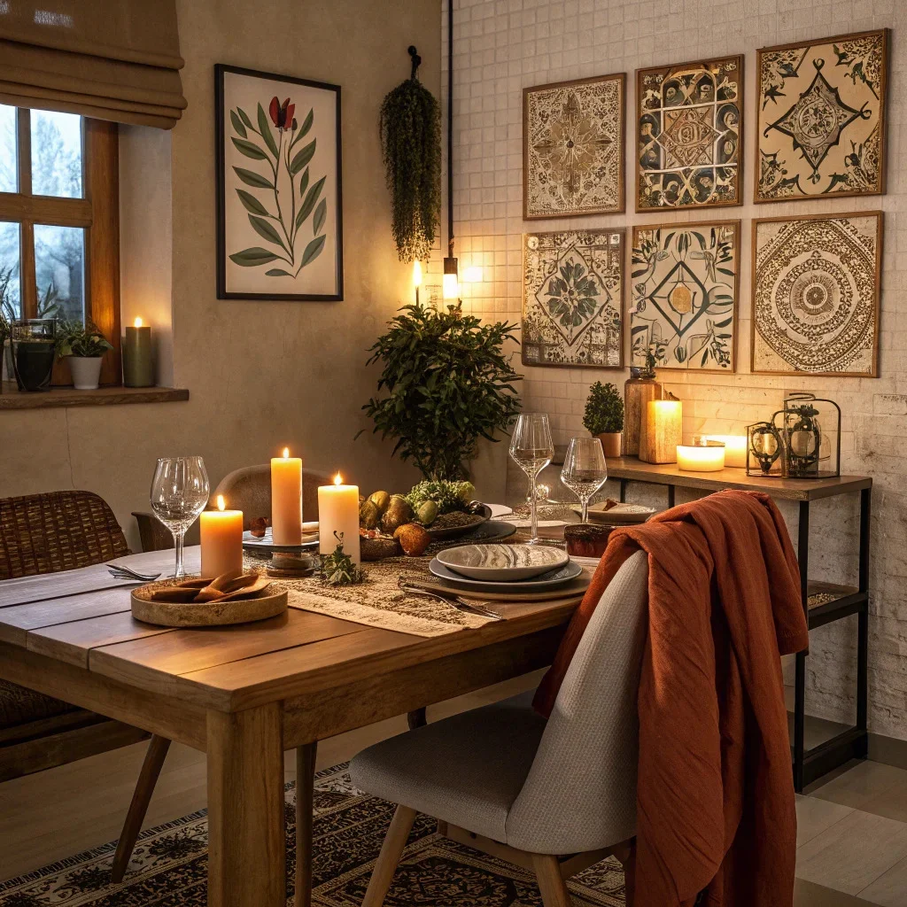 Dining area with wooden table, terracotta tones and framed photo tiles on the wall.