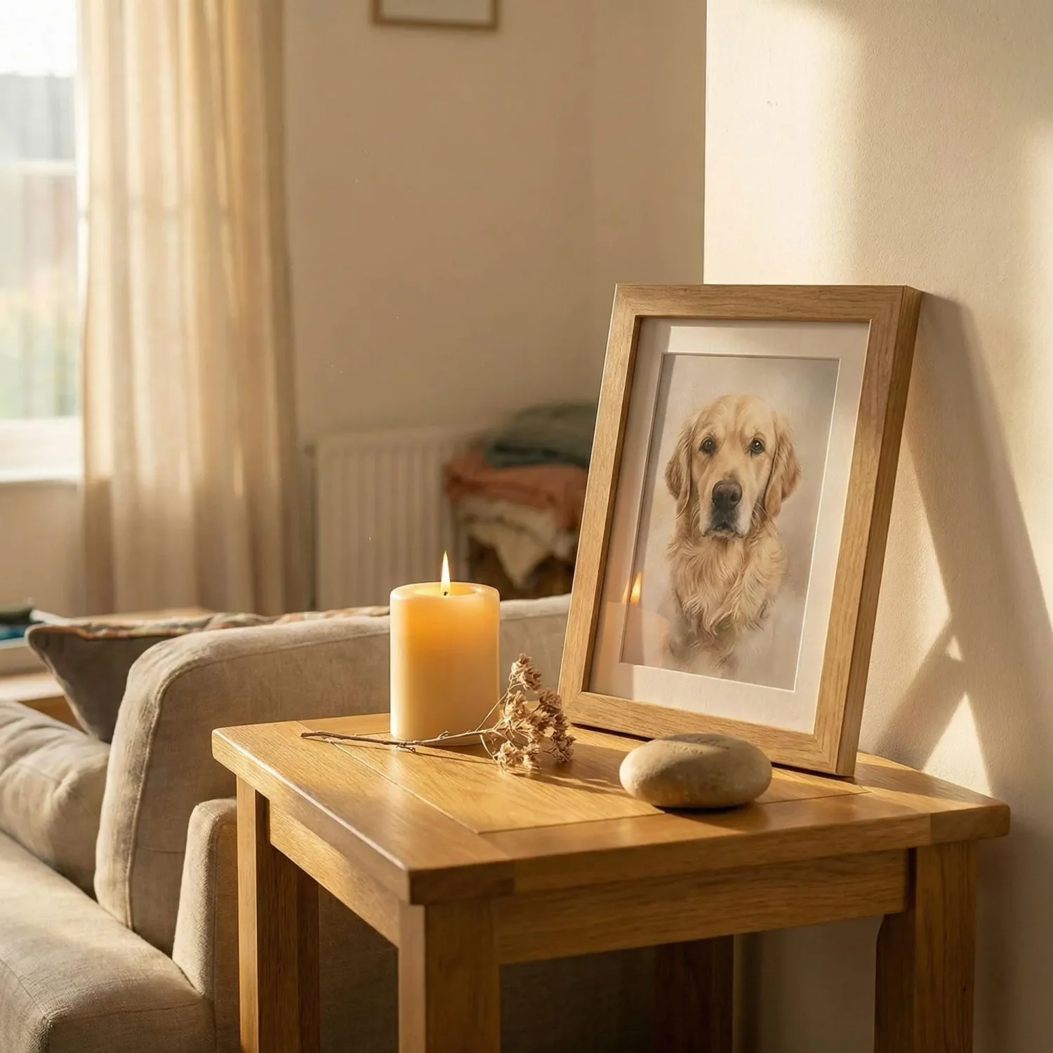 Dog memorial framed portrait with candle in sunlight
