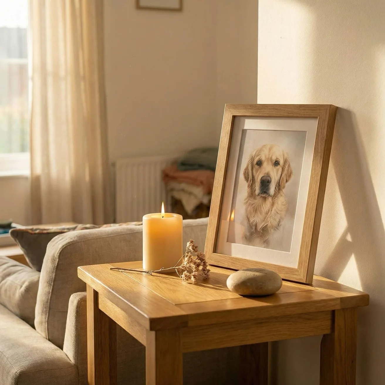 Dog memorial framed portrait with candle in sunlight
