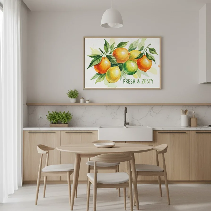 Citrus watercolor proclaims fresh and zesty above kitchen table