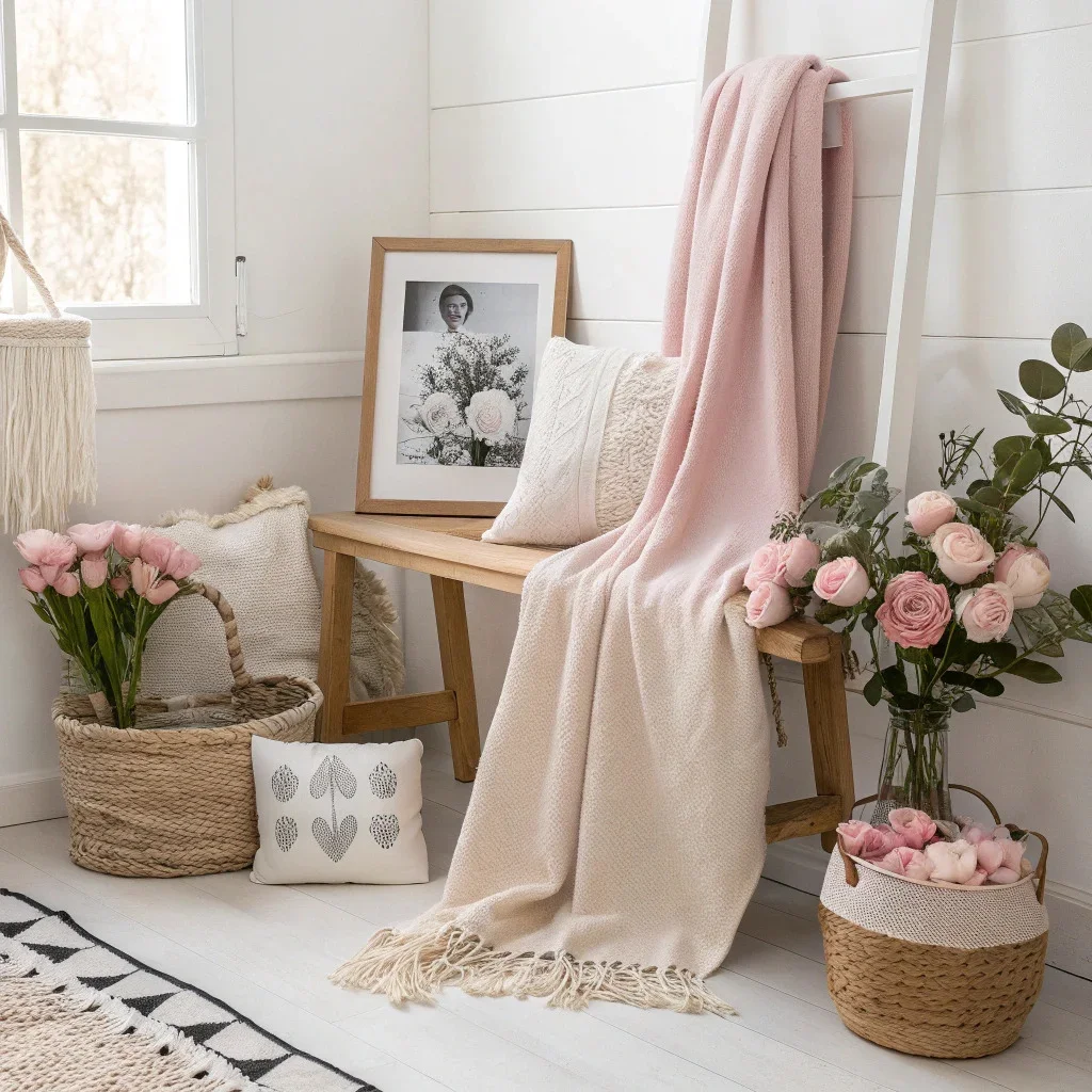 Soft blush-and-neutral Valentine’s vignette with a pale pink throw, linen runner, natural wood accents, roses, and a small photo and frame.