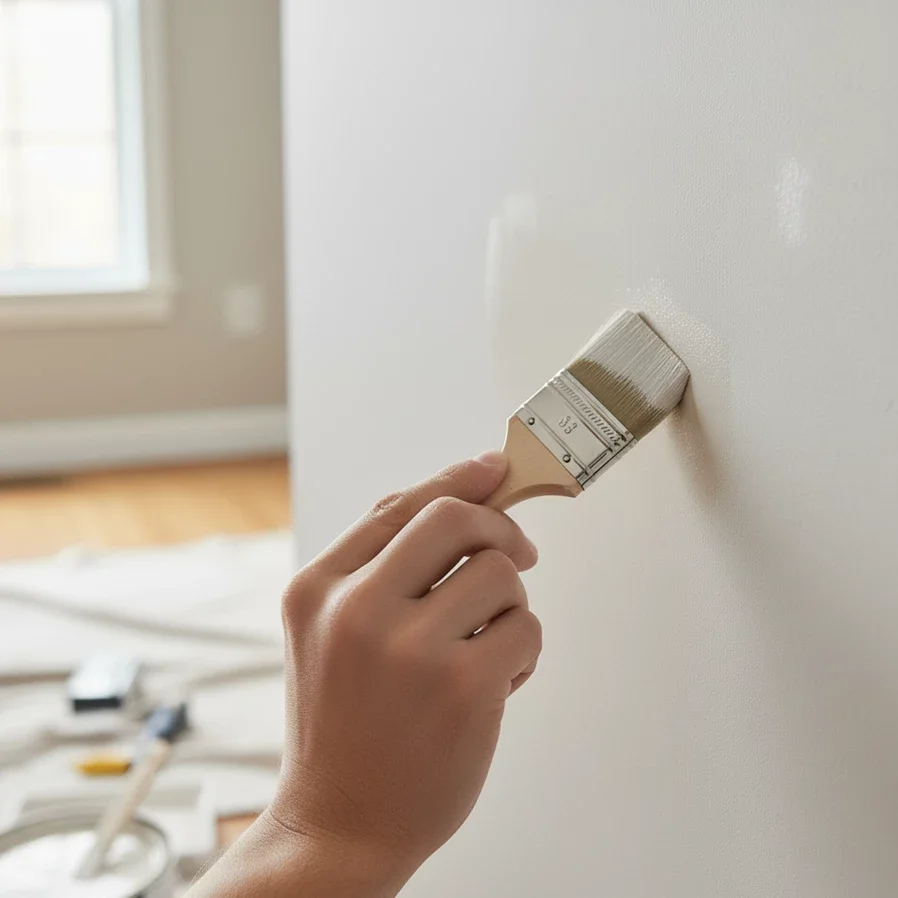 hand painting over repaired wall spot with brush