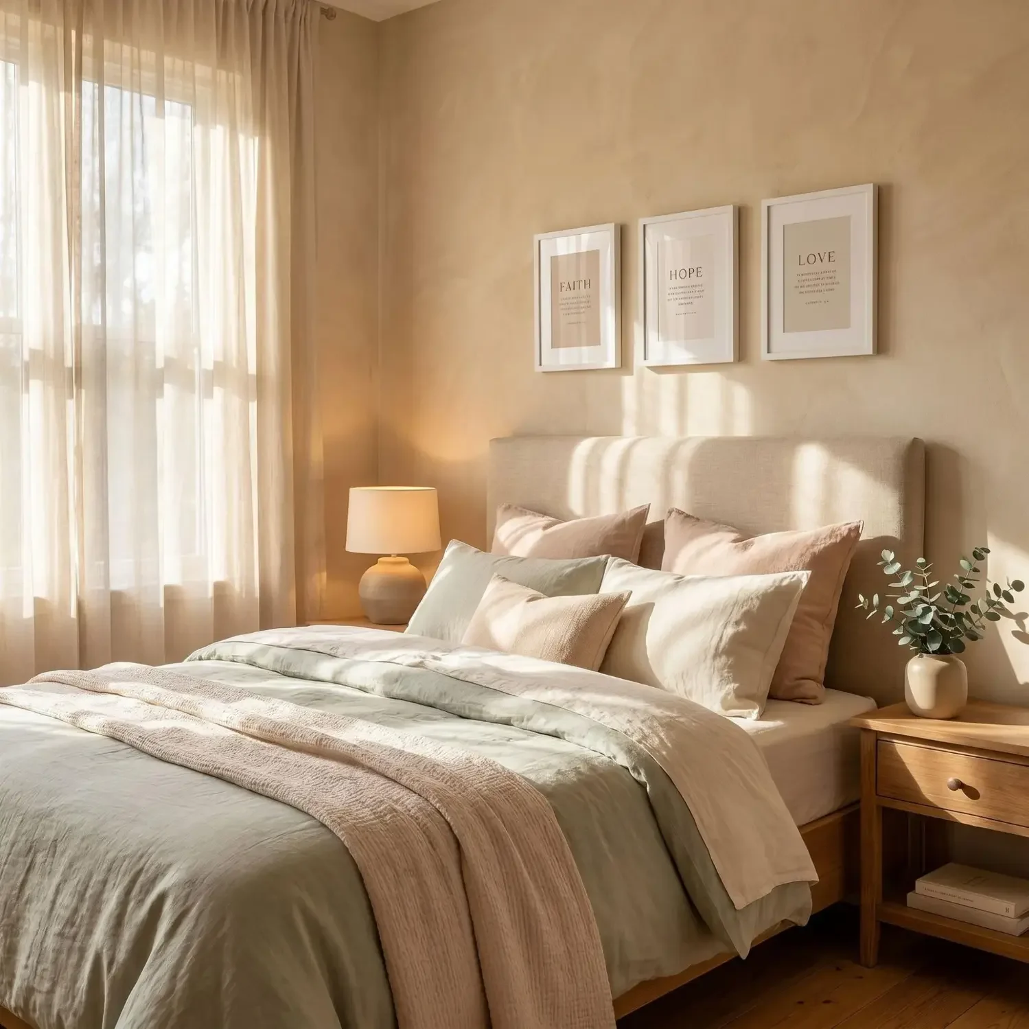 Faith hope love prints above bedroom headboard
