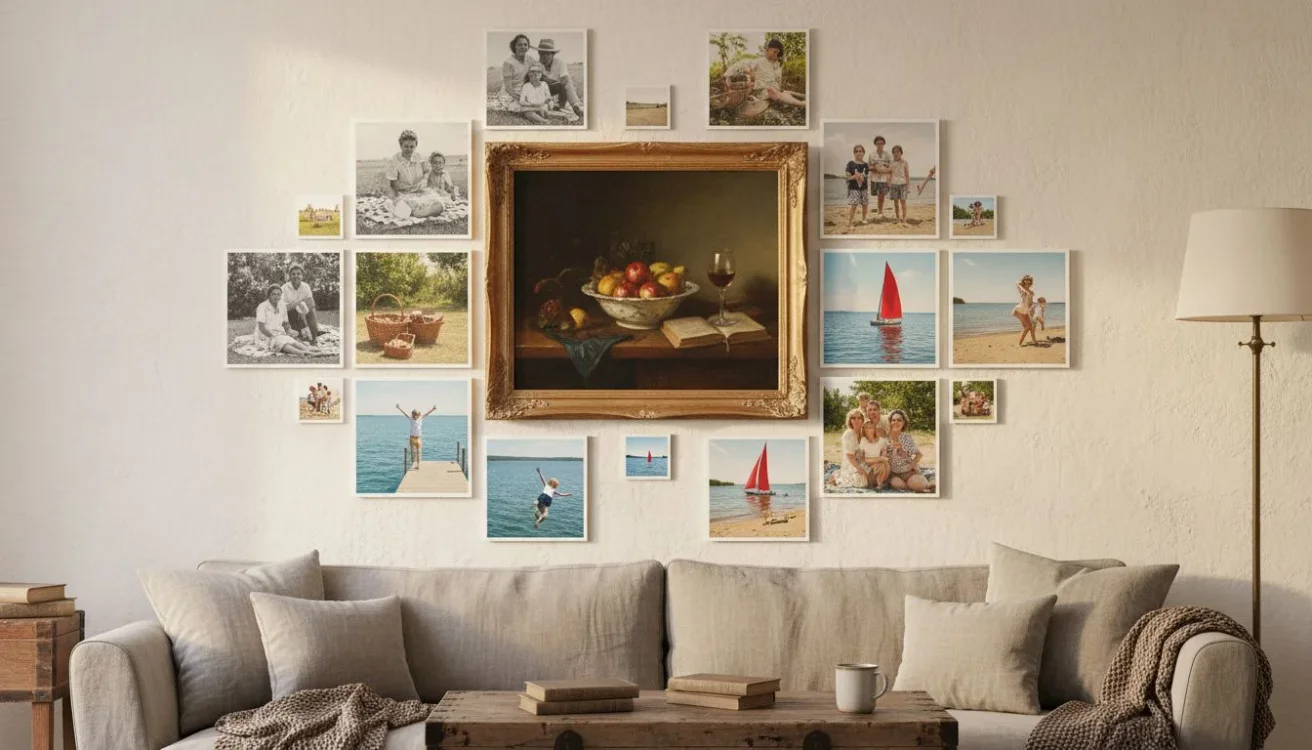 Gallery wall with vintage art and Mixtiles photos