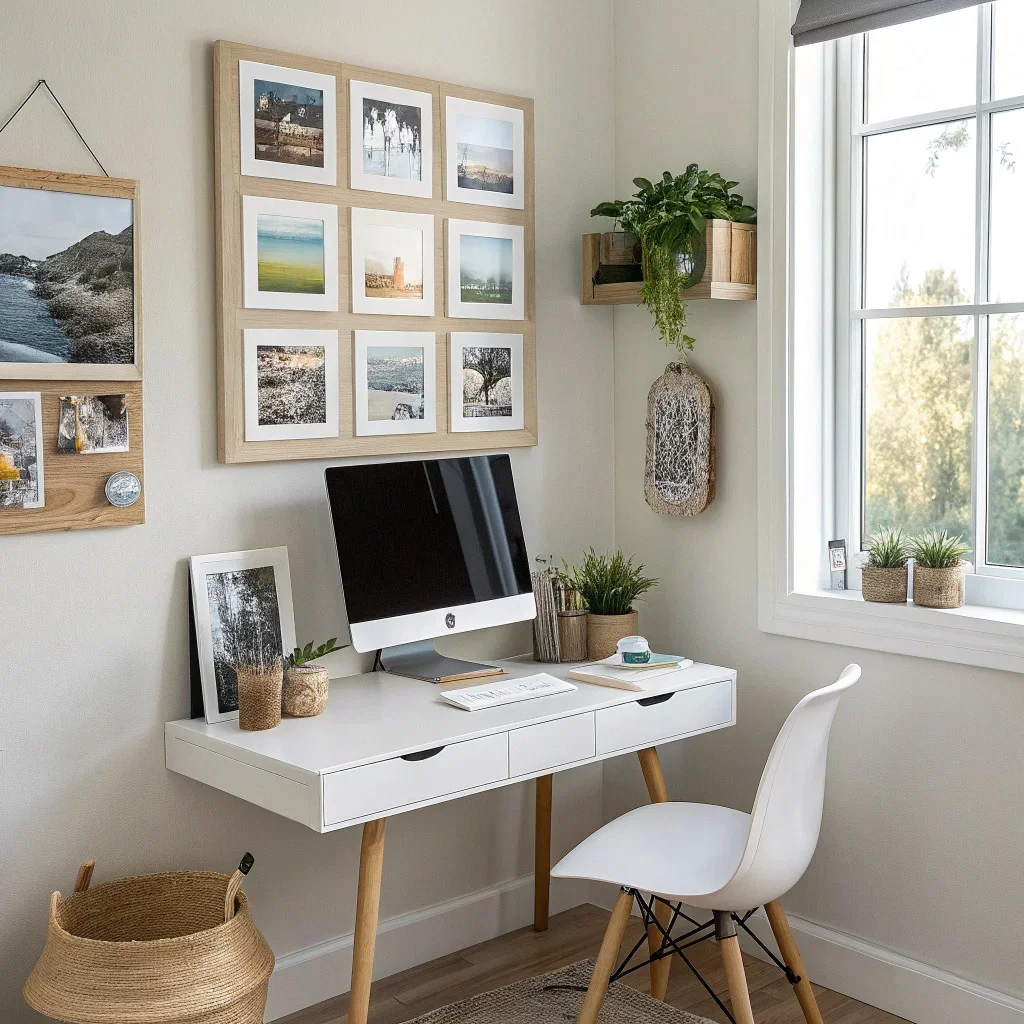 Compact workspace with floating desk, plants, and Mixtiles photo display above.