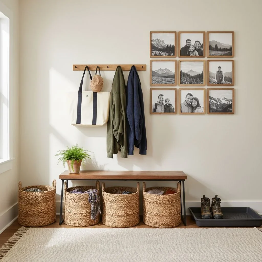 Welcoming entryway with peg rail and photo tiles