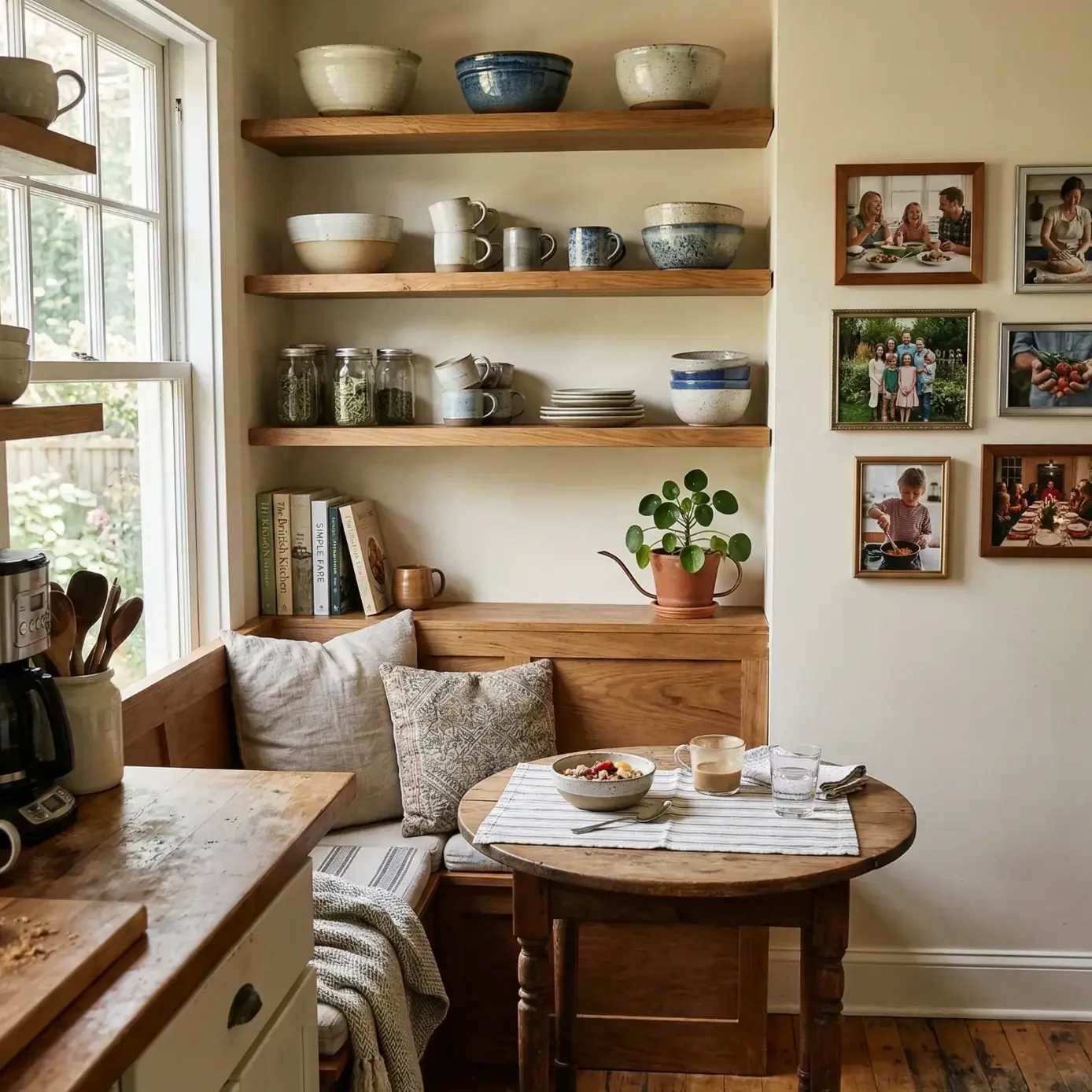 Cozy breakfast nook with open shelves and family photo wall