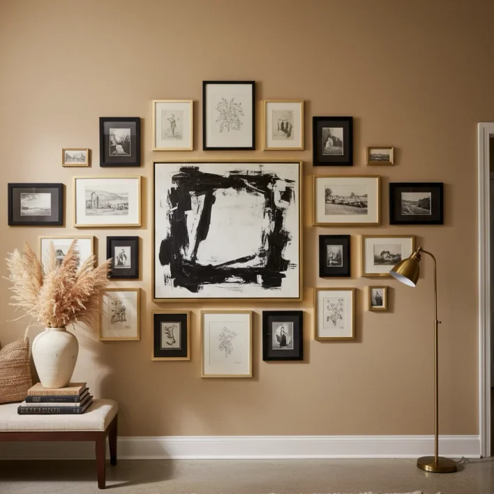 Gallery wall with bold black abstract centered, mixed gold and black frames
