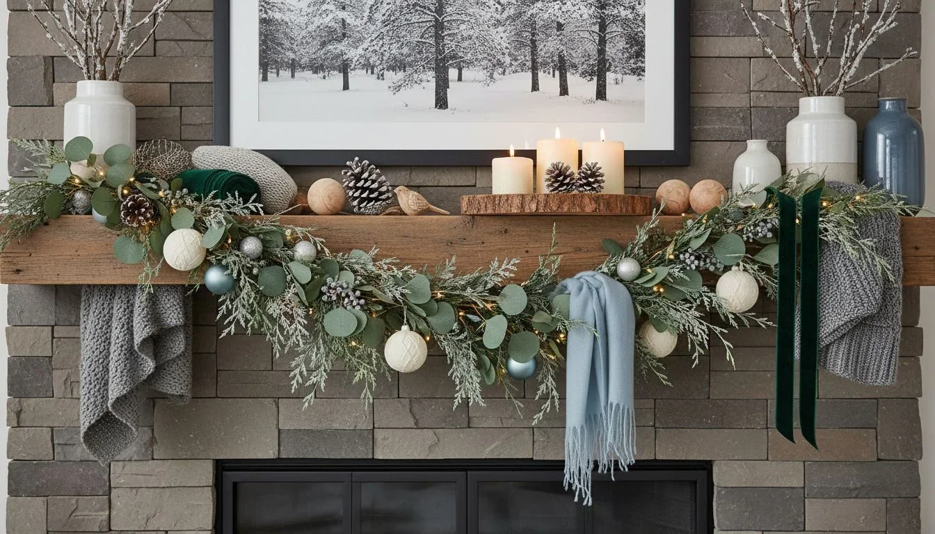 Winter-neutral garlands and cozy accents on mantel.