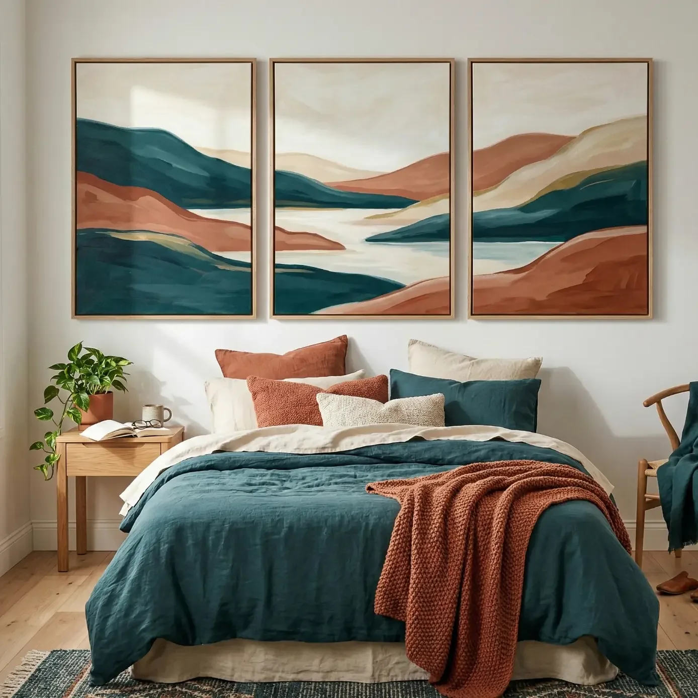 Modern bedroom with teal bedding and triptych landscape art