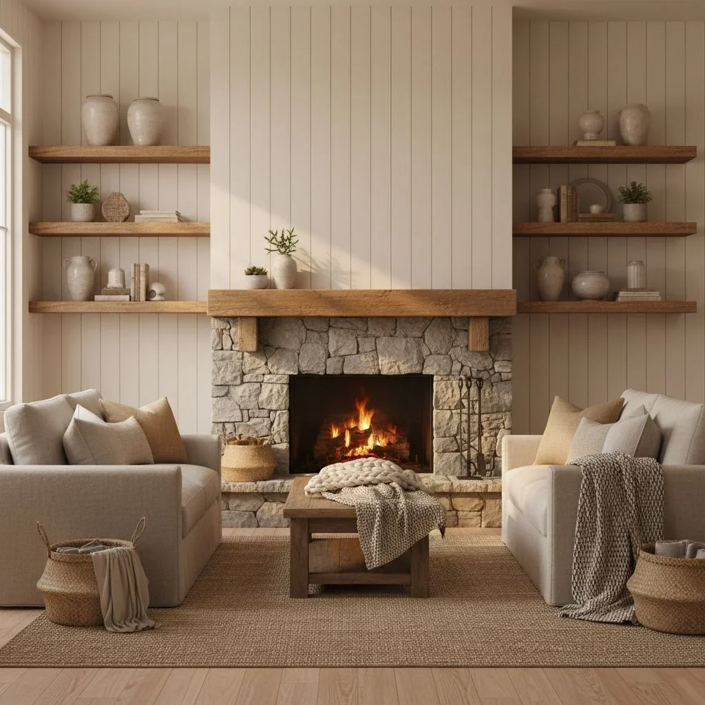 Farmhouse shiplap and stone accent wall