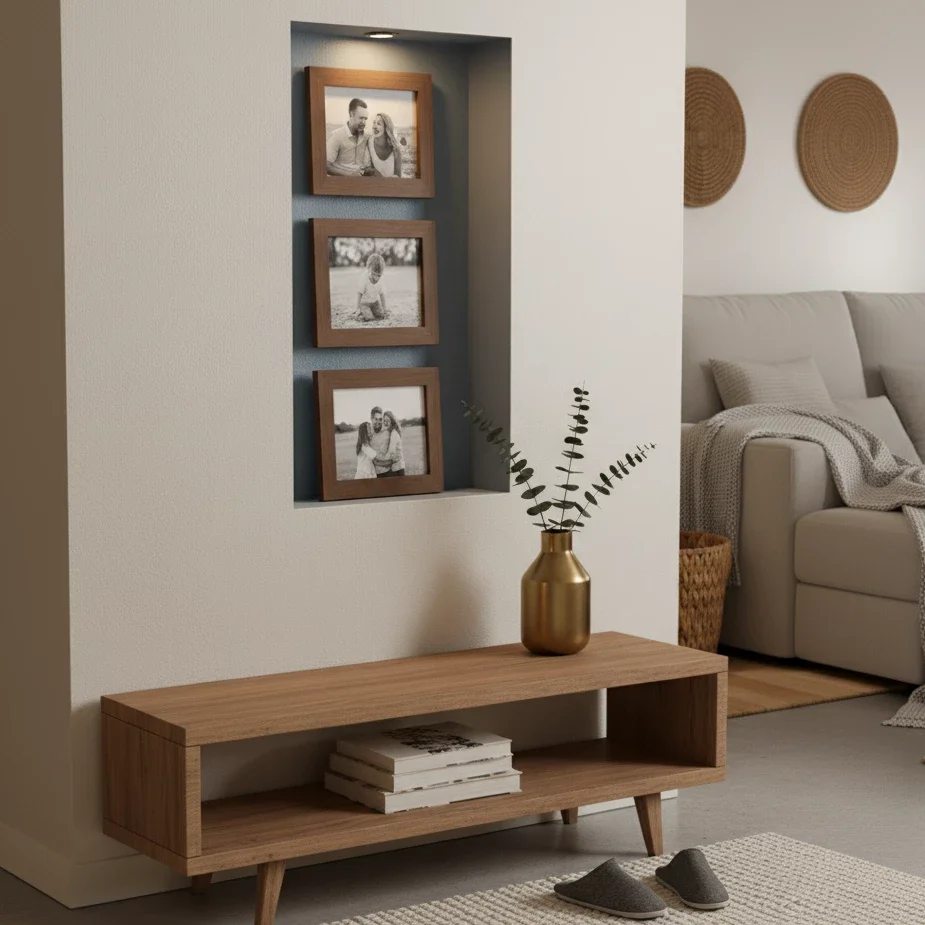 Built-in wall niche with three framed family photos