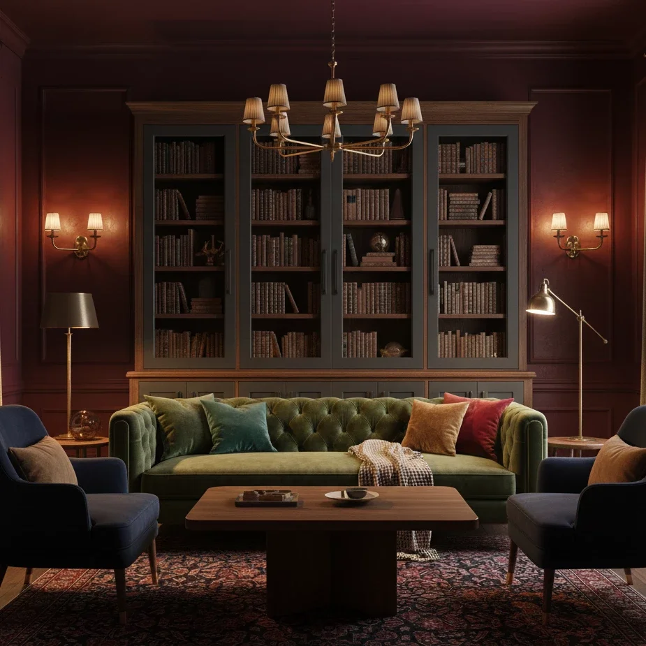 Moody library living room with velvet sofa and wall of books