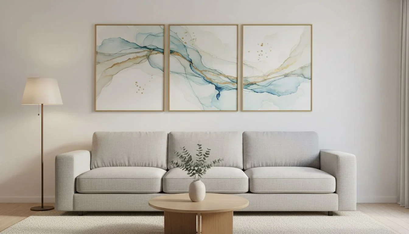 Triptych and single row art for long wall